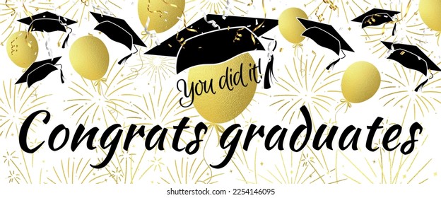 Congrats graduates You did it -Graduation caps with gold balloons, fireworks and confettis on white background -   Design for congratulation ceremony, invitation card, banner.  - Powered by Shutterstock