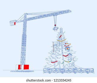 Congratulation with Christmas and New Year, the Christmas tree with the elevating crane. Illustration.