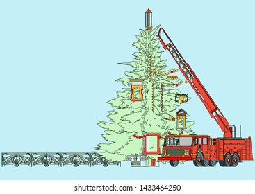 Congratulation With Christmas And New Year, The Christmas Tree With The Elevating Crane, Fire Truck With Gifts. Illustration.