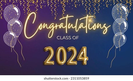  Congratulations class of 2024.  Greeting for graduation party. Transparent balloons and gold ribbons border. Purple and blue background. Design for congratulation ceremony, invitation card, banner.  - Powered by Shutterstock