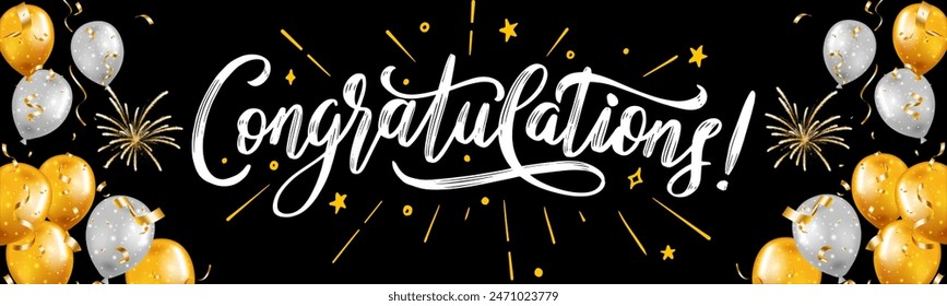 Congratulations text in a beautifull calligraphy style font lettering with gold and grey balloons, surrounded with two fireworks on both sides.  - Powered by Shutterstock