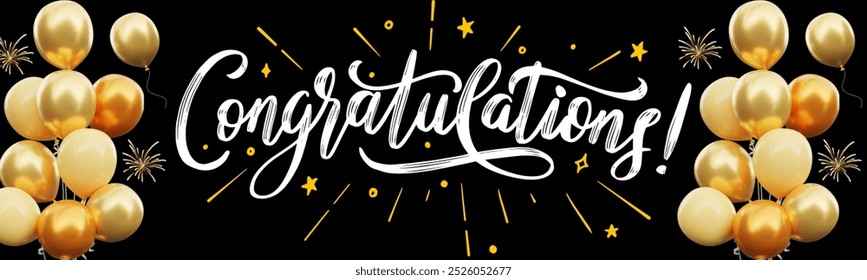 Congratulations text in a beautifull calligraphy style font lettering with gold balloons, surrounded with two fireworks on each side. Perfect for a gold-themed party.  - Powered by Shutterstock