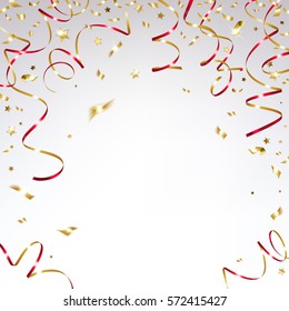 Congratulatory Background With Gold Confetti And Festive Red  Ribbons 