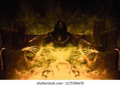 Congregation Hooded Skeleton On Horror Background Stock Illustration ...