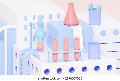 Conical Flask, Beaker, Flask And Tubes With Lab Background, 3d Rendering. Computer Digital Drawing.