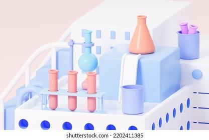 Conical Flask, Beaker, Flask And Tubes With Lab Background, 3d Rendering. Computer Digital Drawing.