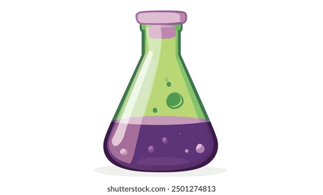 A conical flask clipart, chemistry equipment element, cartoon style, purple and green, isolated on white background - Powered by Shutterstock