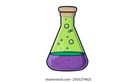 A conical flask clipart, chemistry equipment element, cartoon style, purple and green, isolated on white background - Powered by Shutterstock