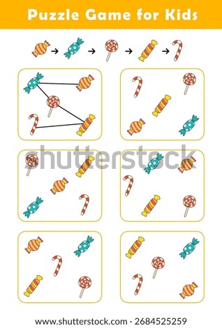 Connect candy according to the example provided. Pre-Writing Worksheet for Toddlers. Puzzle Game for Children. Preschool Worksheet Activity for Kids. Educational Game.