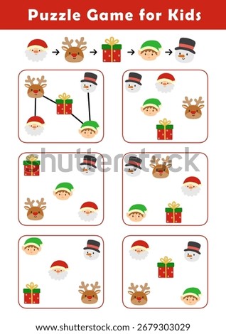 Connect christmas characters according to the example provided. Pre-Writing Worksheet for Toddlers. Puzzle Game for Children. Preschool Worksheet Activity for Kids. Educational Game.