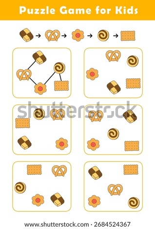 Connect cookies according to the example provided. Pre-Writing Worksheet for Toddlers. Puzzle Game for Children. Preschool Worksheet Activity for Kids. Educational Game.