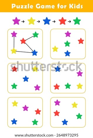 Connect stars according to the example provided. Pre-Writing Worksheet for Toddlers. Puzzle Game for Children. Preschool Worksheet Activity for Kids. Educational Game.