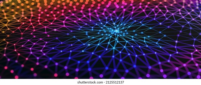 Connected by network. Wide area network connected by linked entities, clients or nodes with high density area in middle.  Networking, social media, SNS, internet communication abstract. 3D rendering.