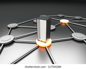 Connected cloud of 19 inch server towers. 3D rendered illustration.