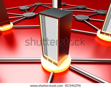 Connected cloud of 19 inch server towers. 3D rendered illustration.