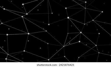 Connected dots and lines grid creating modern abstract background design with black and white texture, forming random pattern on black backdrop