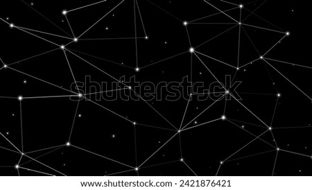 Connected dots and lines grid creating modern abstract background design with black and white texture, forming random pattern on black backdrop