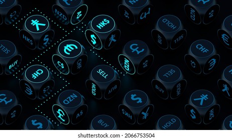 Connected Glowing Forex Dices In Rows. 3D Illustration Of Major Forex Pair Symbols Of Usd, Eur, Gbp, Cad, Jpy, Hkd, Chf, Nzd, And Aud.