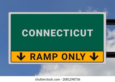 Connecticut logo.  Connecticut lettering on a road sign. Signpost at entrance to  Connecticut, USA. Green pointer in American style. Road sign in the United States of America. Sky in background