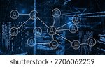 Connecting central hub node linking white circular avatars via spokes in 3D grid, glowing code. Network, cyberspace, topology, dataflow, visualization, neon, futuristic