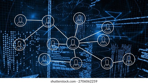 Connecting central hub node linking white circular avatars via spokes in 3D grid, glowing code. Network, cyberspace, topology, dataflow, visualization, neon, futuristic