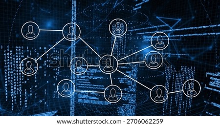 Connecting central hub node linking white circular avatars via spokes in 3D grid, glowing code. Network, cyberspace, topology, dataflow, visualization, neon, futuristic