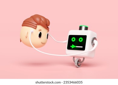 Connecting Humans to Robots for Learning isolated on pink background. education, knowledge creates ideas concept, 3d render illustration 