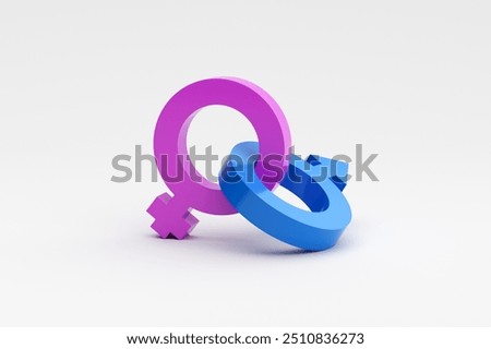 Connection, commitment, loyalty and soulmate in romantic relationships concepts. 3d rendering of blue male and pink female gender symbols intertwined on white background.