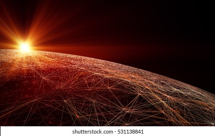 Connection Lines Around Earth Globe, Futuristic Technology  Theme Background With Light Effect, 3d Illustration/Global International Connectivity Background