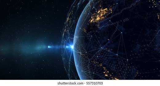 Connection Lines Around Earth Globe, Theme Background With Light Effect. Some Elements Of The Image Provided By NASA. 3D Illustration. Global International Connectivity Background. 3D Rendering