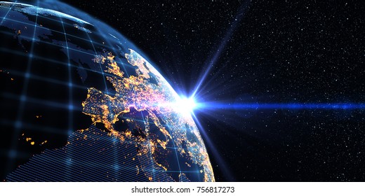 Connection lines Around Earth Globe, Futuristic Technology  Theme Background with Light Effect. Global International Connectivity Background. 3D Rendering