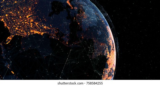 Connection Lines Around Earth Globe, Futuristic Technology Theme Background With Light Effect. 3D Rendering