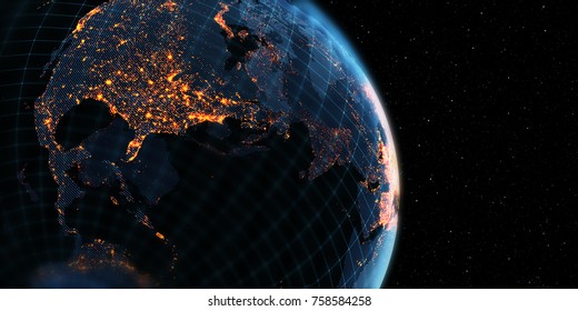 Connection Lines Around Earth Globe, Futuristic Technology Theme Background With Light Effect. 3D Rendering