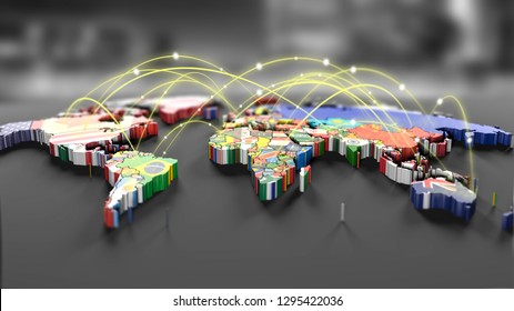 Connection lines Around map with all country flags, Futuristic Technology Theme Background with Light Effect.Global International Connectivity Background.3d illustration