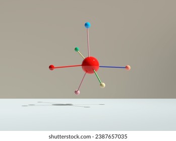 Connection, network, collaboration or teamwork concepts. Colored sticks with little spheres attached to a levitating big red sphere. 3D abstract geometric shapes render.