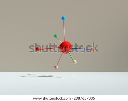Connection, network, collaboration or teamwork concepts. Colored sticks with little spheres attached to a levitating big red sphere. 3D abstract geometric shapes render.