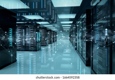 Connection Network In Dark Servers Data Center Room Storage Systems 3D Rendering