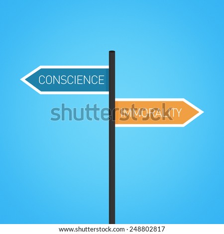 Conscience vs immorality choice road sign concept, flat design
