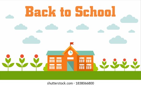 Consent Of Back To School Design Illustration. Beautiful School Building With Green Flowers 