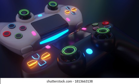 Console 3D Neon  on background black gaming controller