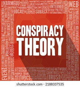 Conspiracy Theory Typography Illustration With A Word Cloud. Text With Long Shadows Over Red Background.	