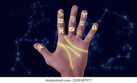 Constellation background with a palmistry hand 3D illustration