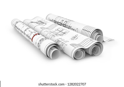 construction blueprints in rolls isolated 3d render