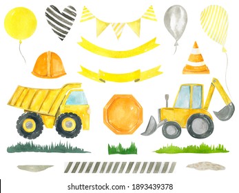 Construction clipart trucks children's collection for birthday party decoration. Watercolor hand painted kids design - Powered by Shutterstock