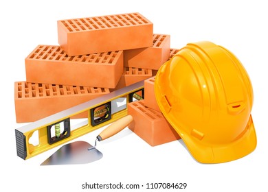 Construction concept. Bricks with masonry trowel, hard hat and spirit level. 3D rendering