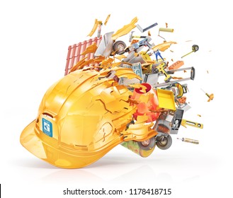 Construction Concept. Building Materials Fly Out From The Broken Helmet Isolation On A White. 3d Illustration