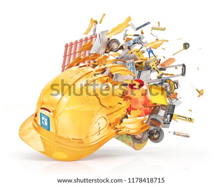 Construction concept. Building materials fly out from the broken helmet isolation on a white. 3d illustration