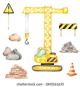 Construction Crane, Road Signs, Stones, Bricks; Watercolor Hand Draw Illustration; With White Isolated Background