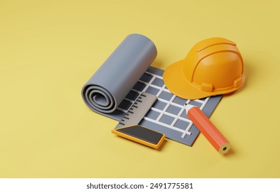 Construction design featuring blueprint, safety helmet, pencil, scale ruler on yellow background. Perfect for projects related to architecture, engineering, workplace safety. 3D render illustration - Powered by Shutterstock