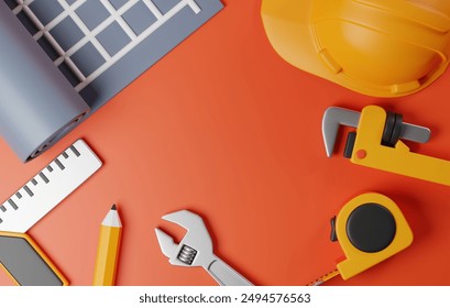 Construction design featuring blueprint, safety helmet, pencil, scale ruler on yellow background. Perfect for projects related to architecture, engineering, and workplace safety. 3D render illustratio - Powered by Shutterstock